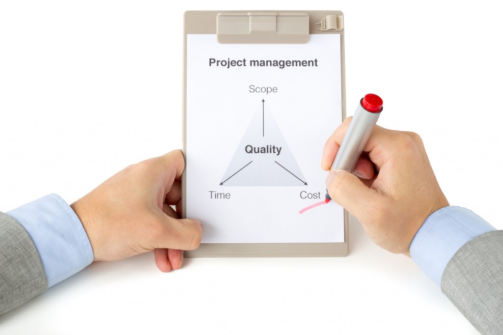 Project management triangle with two hands